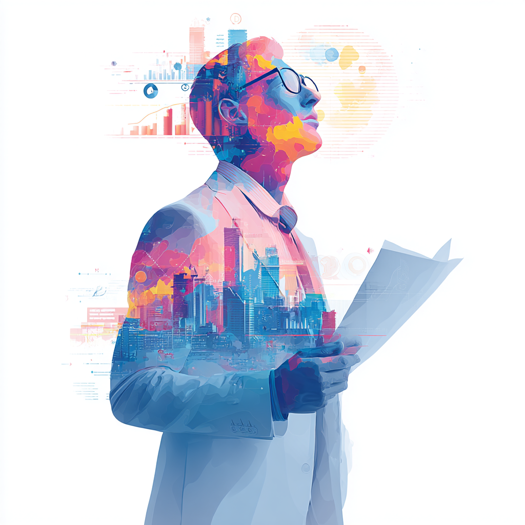 Stilisierte Grafik eines Business‑Managers in Anzug und Brille, in die Visualisierungen von digitalen Daten, Diagrammen und urbanen Strukturen übergehen – symbolisch für innovative Technologie‑Beratung, datengetriebene Strategie und digital‑geschäftliche Kompetenz.