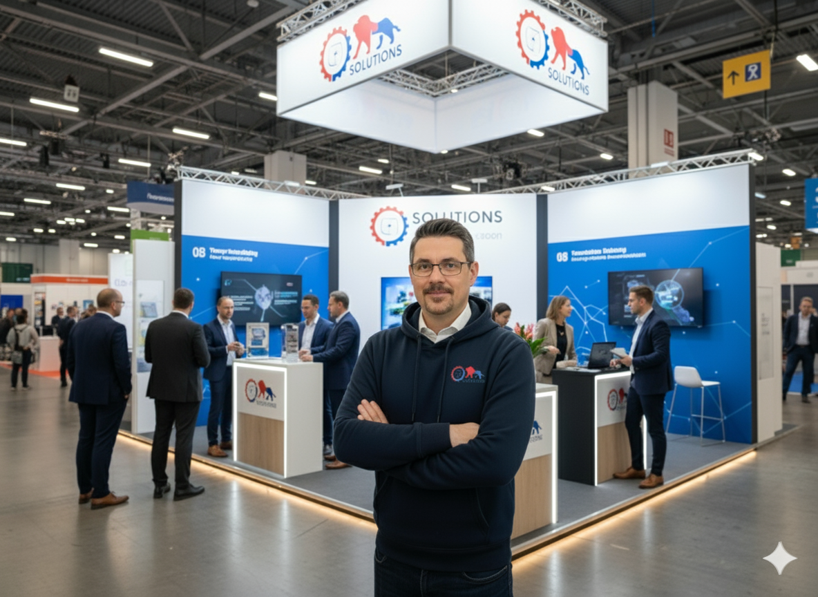 Ein Mann mit Brille und einem dunklen Kapuzenpullover, auf dem ein Logo von lvlsolutions.de zu sehen ist, steht im Vordergrund mit verschränkten Armen und lächelt in die Kamera. Er befindet sich auf einer Messe . Im Hintergrund ist der lvlsolutions.de Messestand mit der Aufschrift „LvL SOLUTIONS“ und einem ähnlichen Logo wie auf dem Pullover zu sehen. Mehrere Personen sind auf dem Stand und in der Umgebung zu erkennen, einige unterhalten sich, andere stehen oder gehen umher. Der Messestand ist in Blau- und Weißtönen gehalten und verfügt über Bildschirme, die Informationen anzeigen.